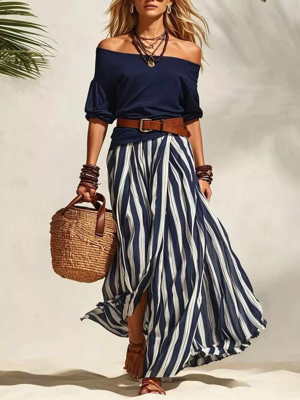 Off Shoulder Top and Striped Maxi Skirt Set in Navy for Women