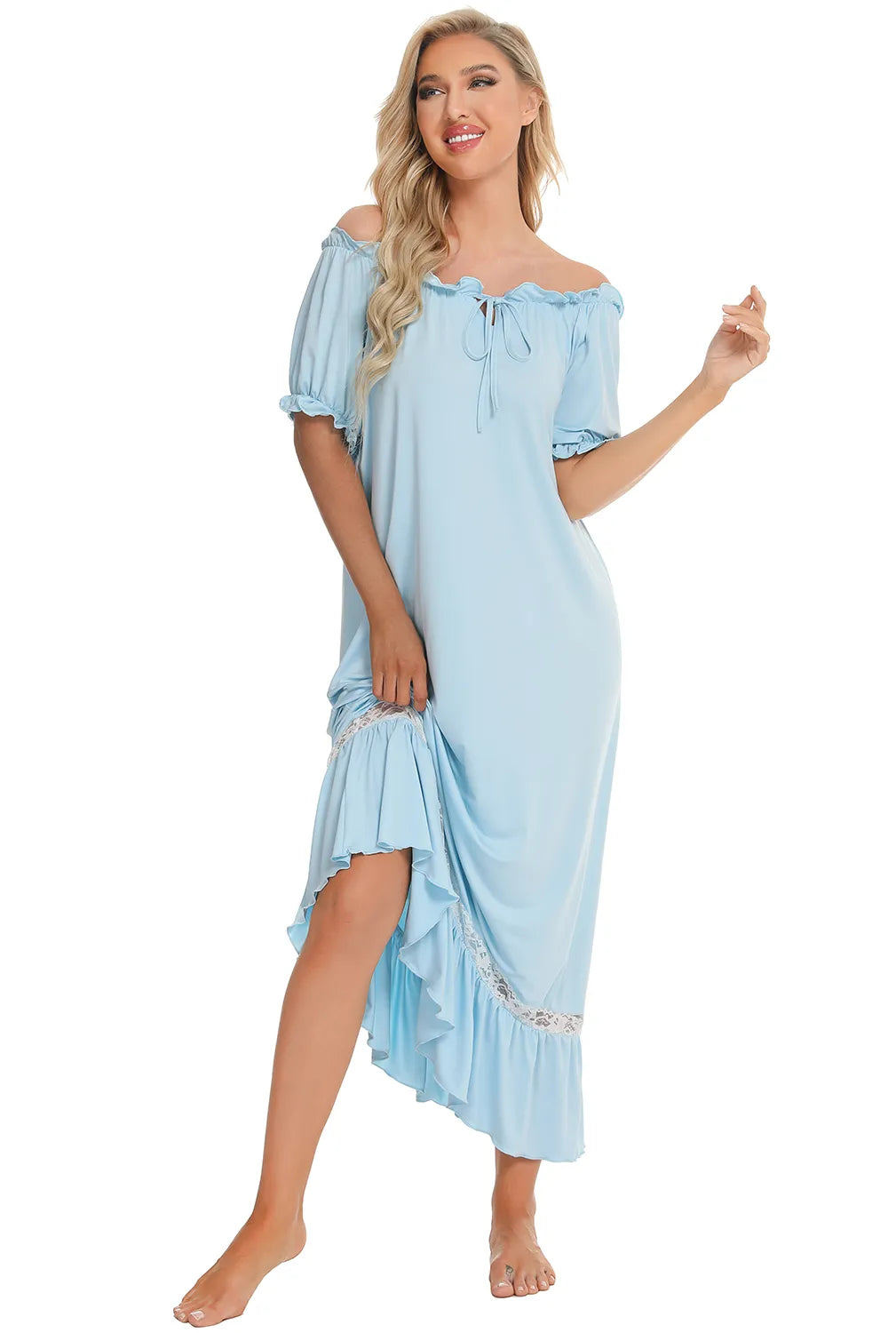 Lace Detail Short Sleeve Lounge Dress in Light Blue for Women