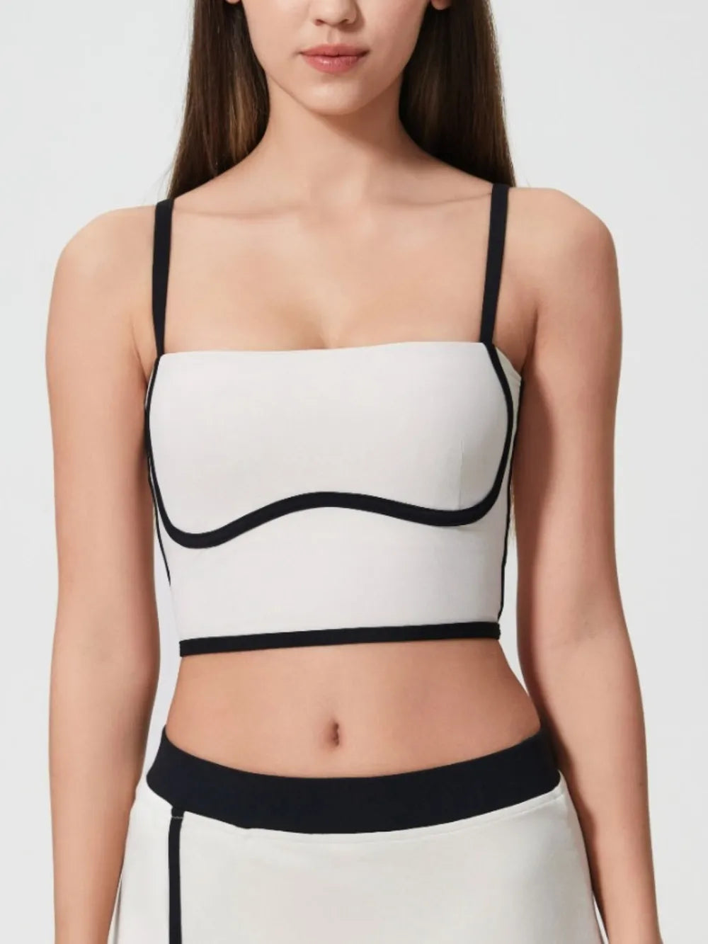Contrast Trim Square Neck Active Cami with Detachable Chest Pads in White for Women