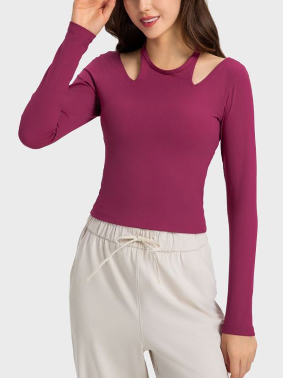 Halter Neck Long Sleeve Sporty Top in Hot Pink for Women