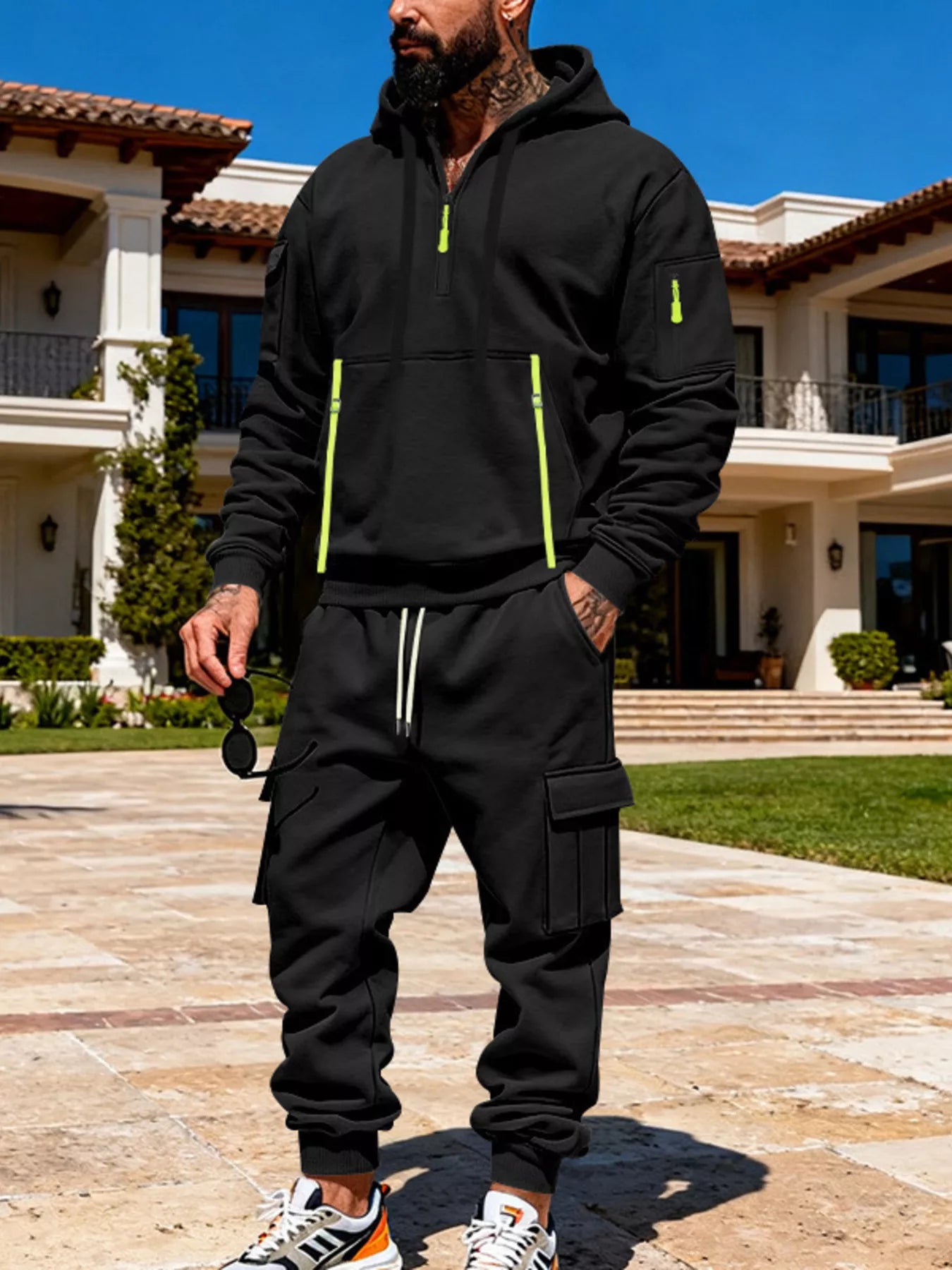Half Zip Hoodie and Cargo Pants Set Plus Size in Light Gray for Men