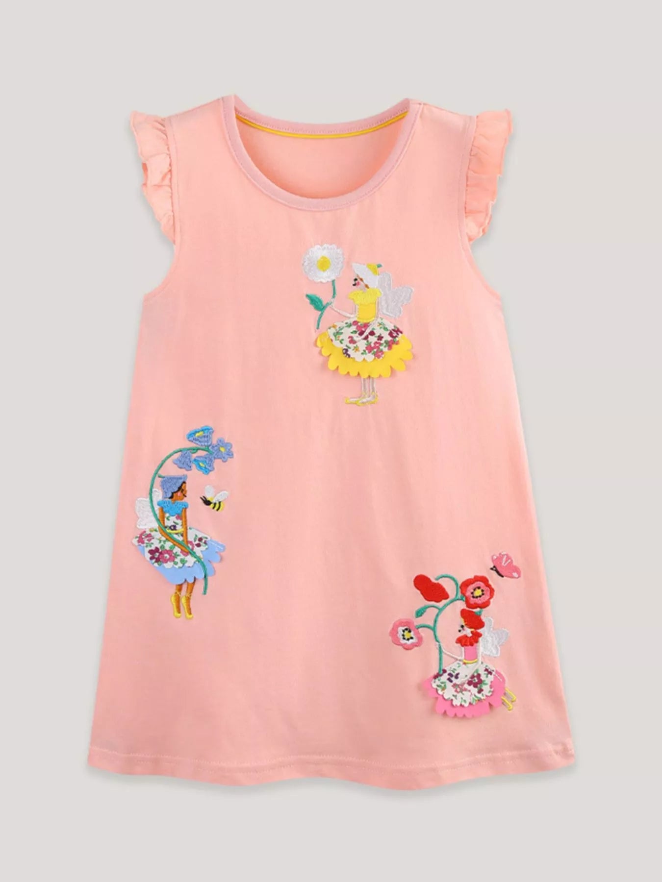 Floral Embroidered Ruffle Sleeve Casual Dress in Watermelon Pink for Girls