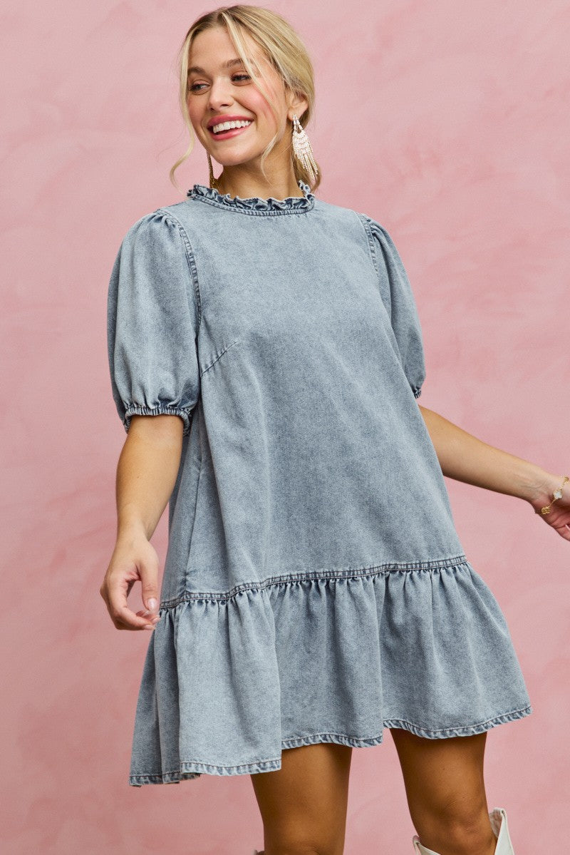 Denim Short Sleeves Mini Tiered Dress for Women