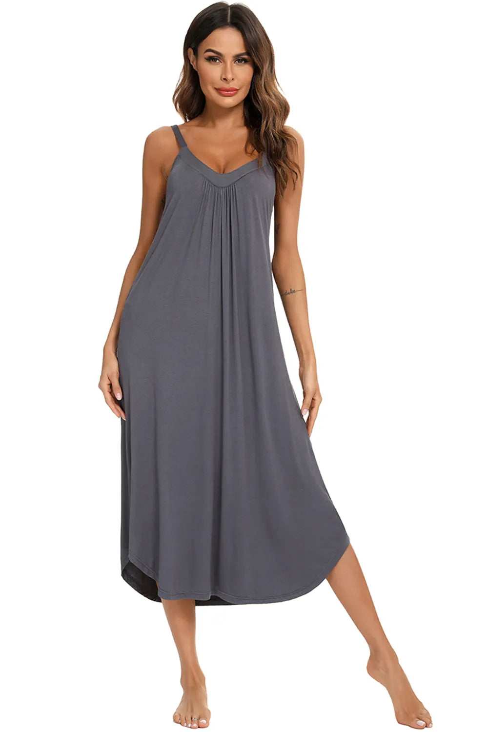 V-Neck Midi Lounge Dress in Dark Gray for Women