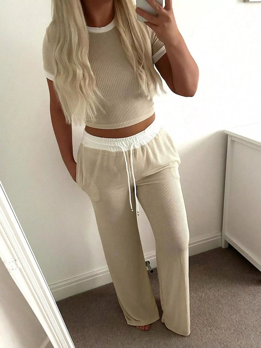 Contrast Trim Top and Pants Set in Khaki for Women