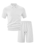 Textured Polo Shirt and Shorts Set Plus Size in White for Men
