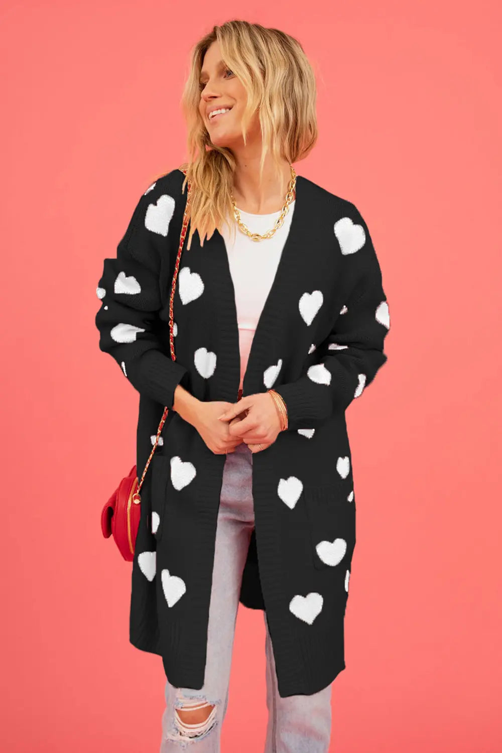 Heart Graphic Open Front Cardigan with Pockets in Black for Women