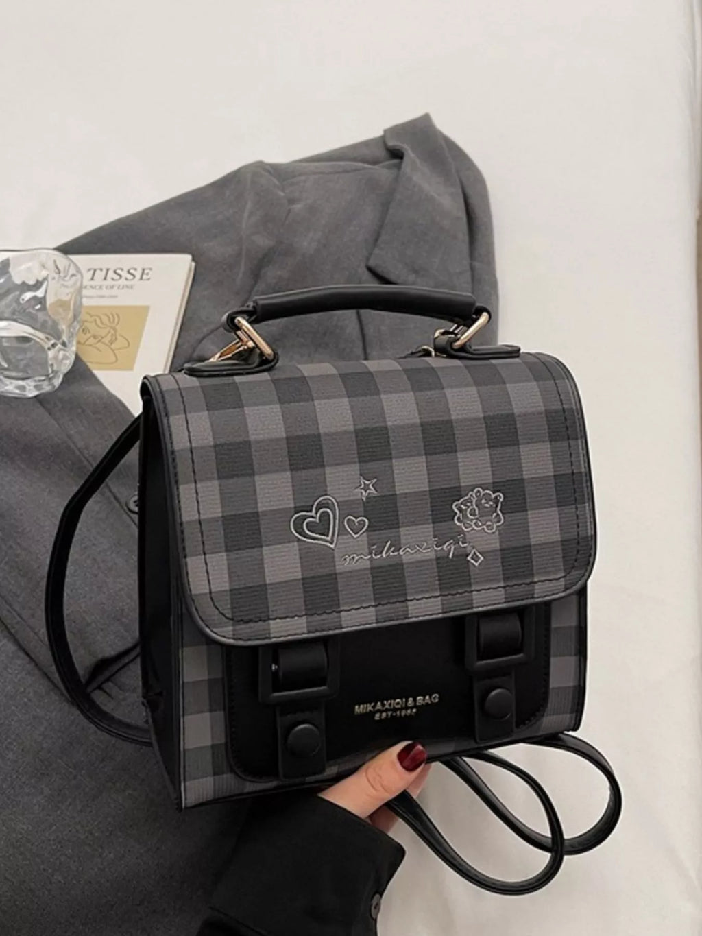 Plaid Pattern Embroidered Flap Backpack Bag in Black for Women