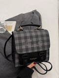 Plaid Pattern Embroidered Flap Backpack Bag in Black for Women