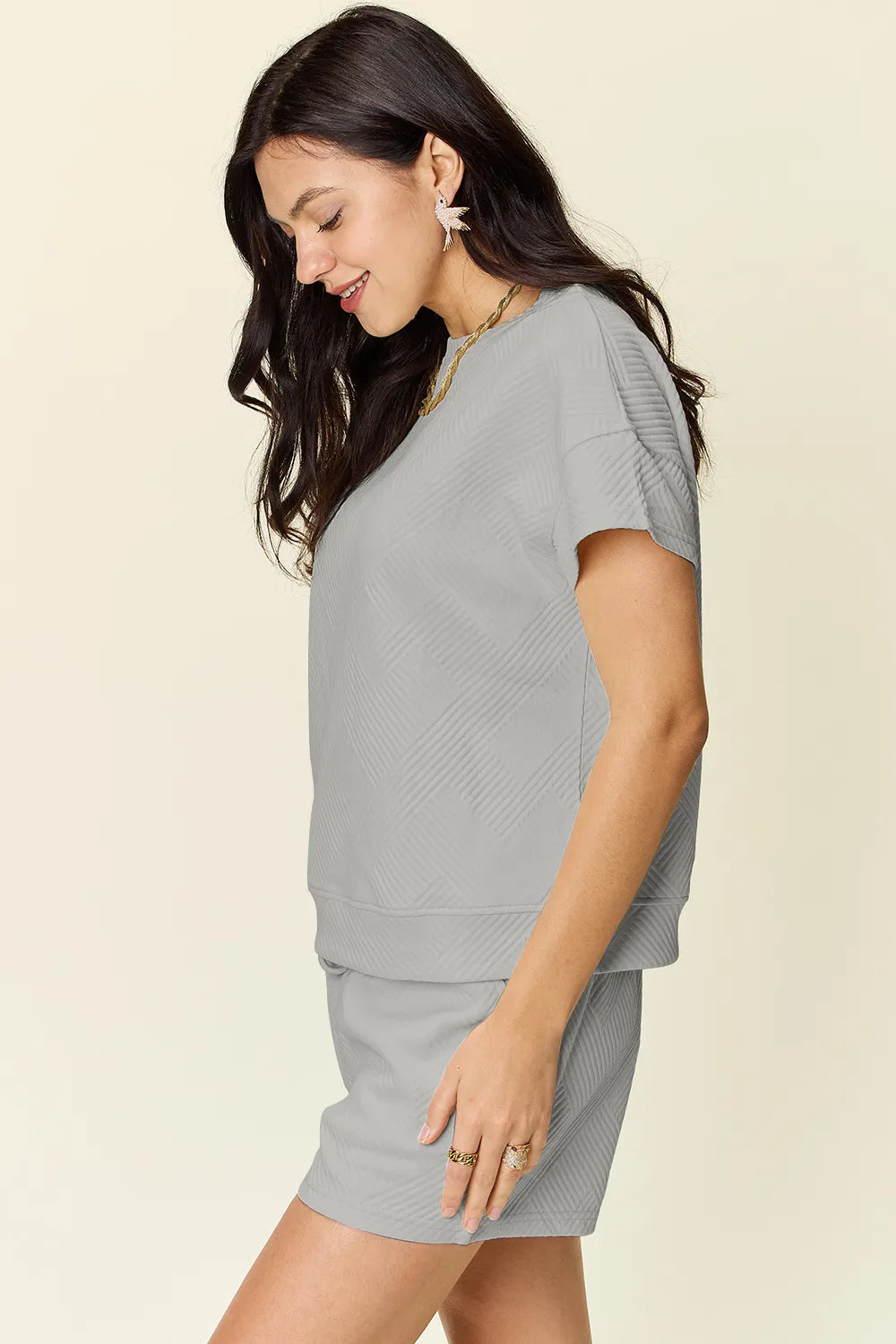 Plus Size Texture Short Sleeve T-Shirt and Drawstring Shorts Set in Mocha in Ivory for Women