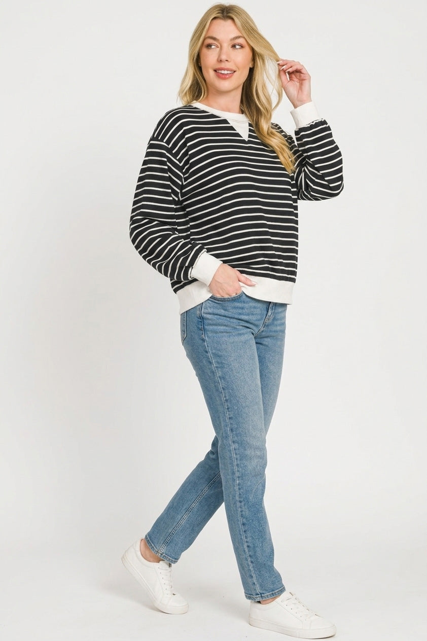 Striped Rib Banded Sweatshirt in Black for Women