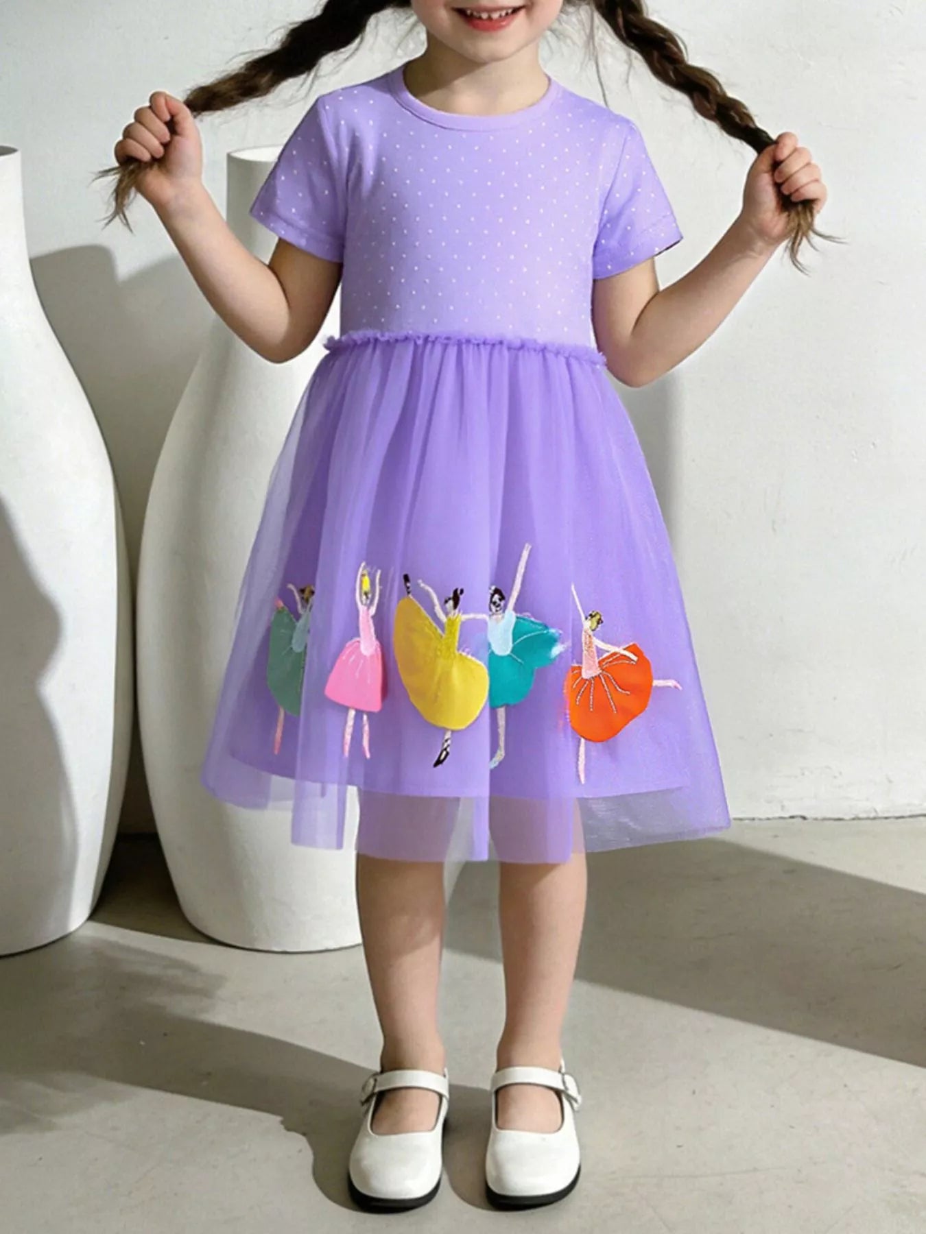 Ballet Dancer Embroidered Tulle Dress in Lavender for Girls