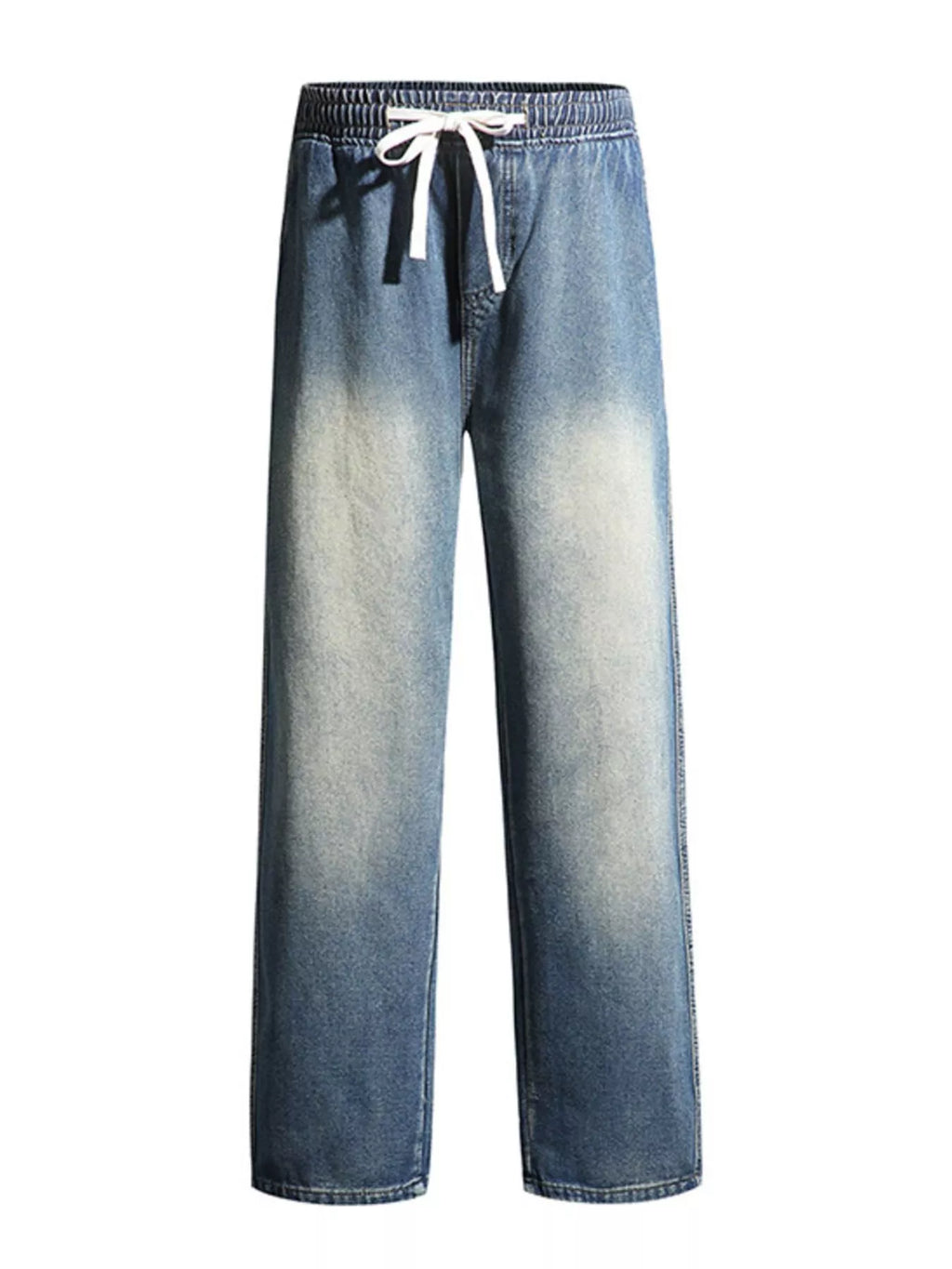Washed Wide Leg Drawstring Jeans Plus Size in Light Blue for Men
