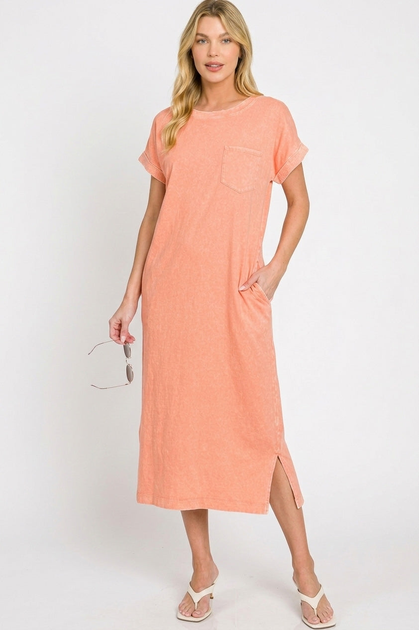 Washed Exposed Seam Short Sleeve T-Shirt Dress in Coral for Women