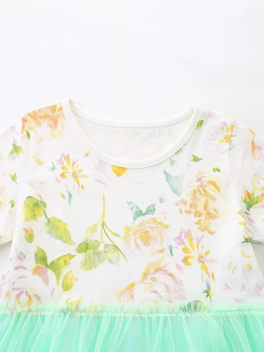 Floral Print Tulle Dress in White for Girls