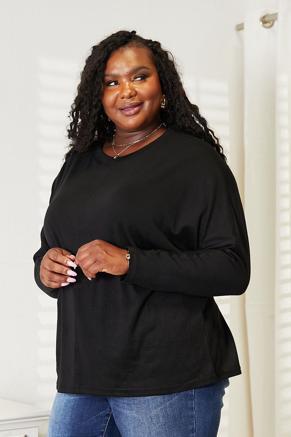 Seam Detail Round Neck Long Sleeve Top in Black for Women