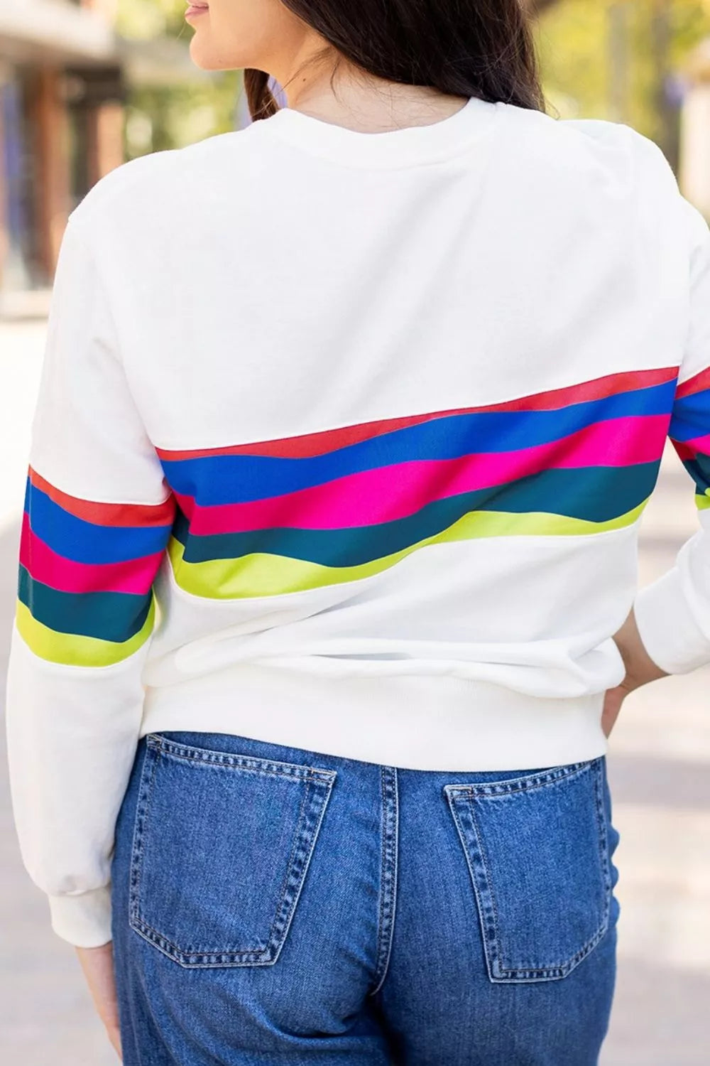 Contrast Striped Round Neck Top in White for Women