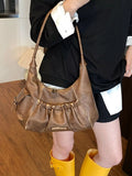 Vintage Ruched Hobo Shoulder Bag in Brown for Women