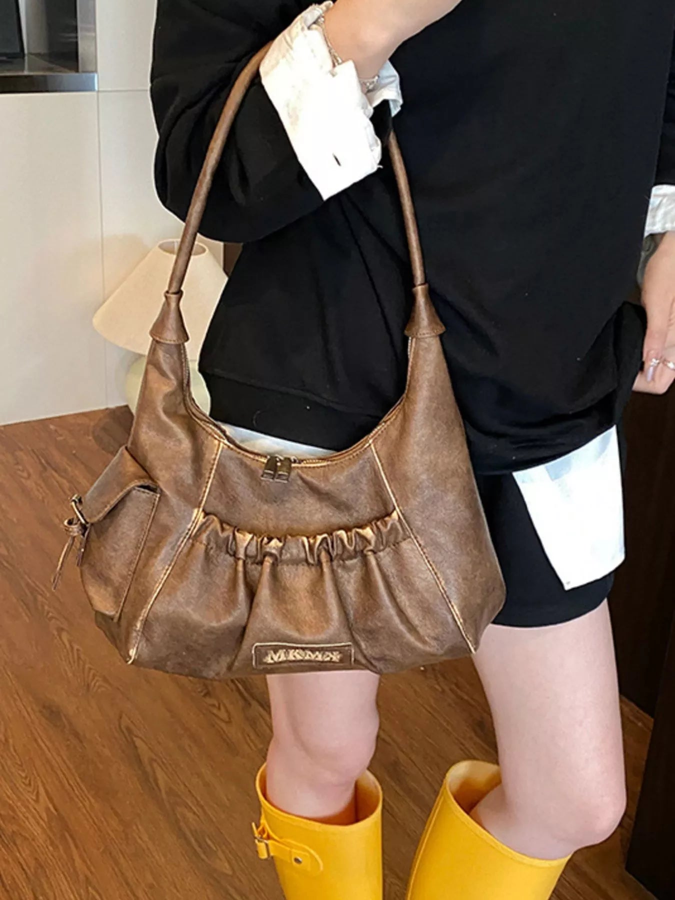 Vintage Ruched Hobo Shoulder Bag in Brown for Women