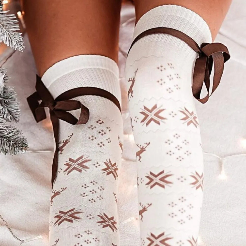 Christmas Element Bowknot Ribbed Trim Over Knee Stockings for Women
