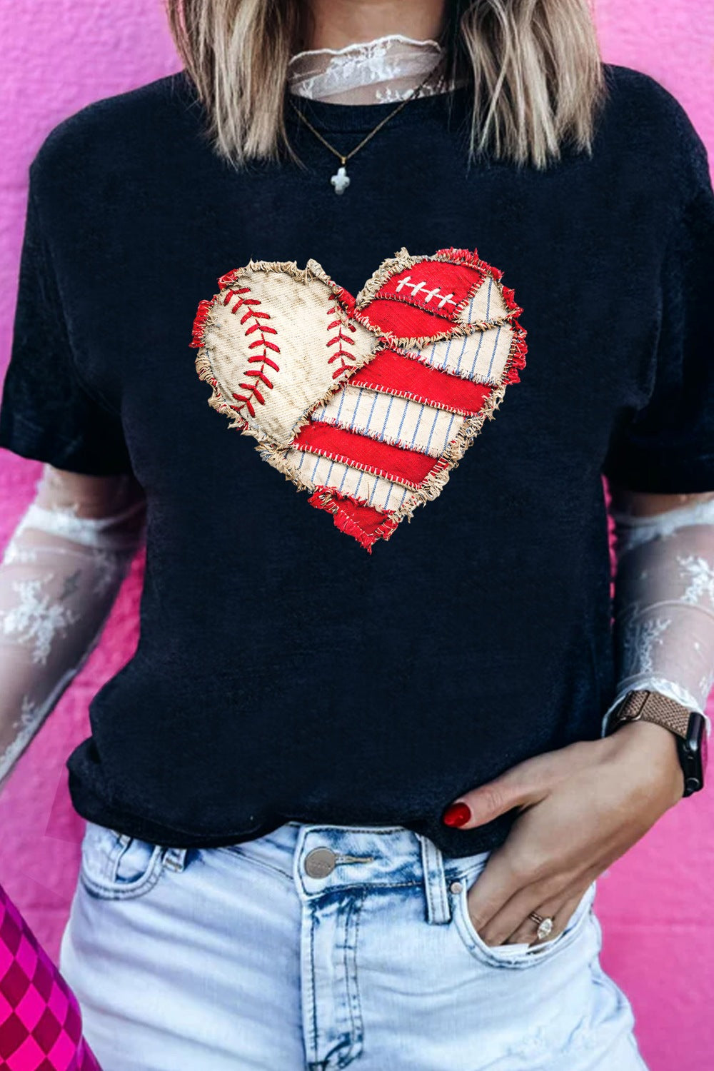 Baseball Distressed Heart Short Sleeve T-Shirt in Black for Women