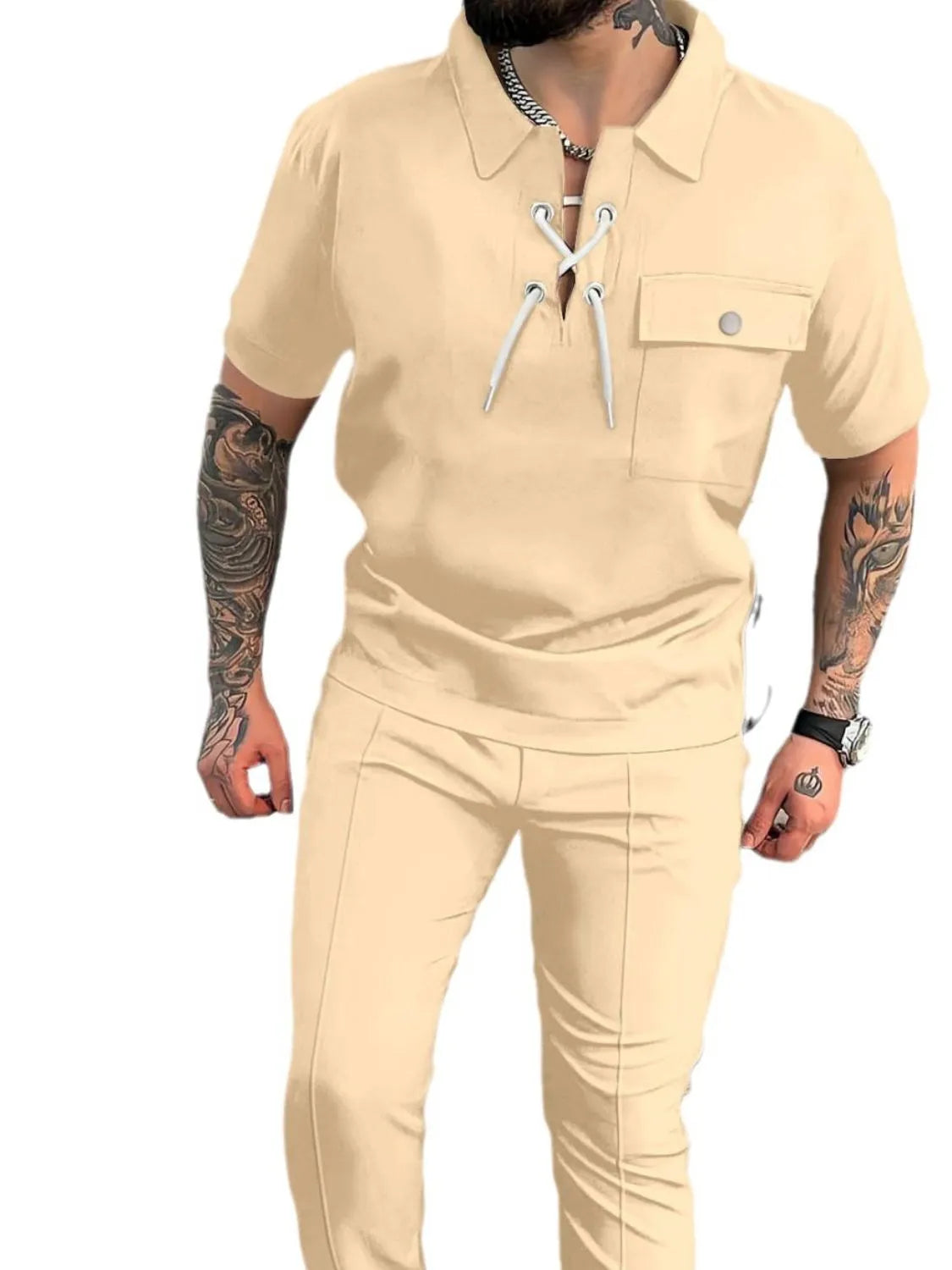 Lace Up Short Sleeve Top and Pants Plus Size in White for Men
