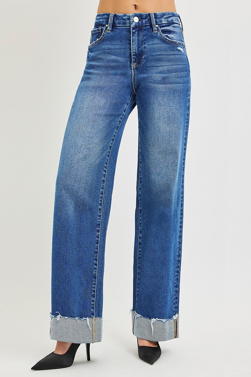 High Rise Wide Leg Jeans with Cuffed Hem in Medium for Women