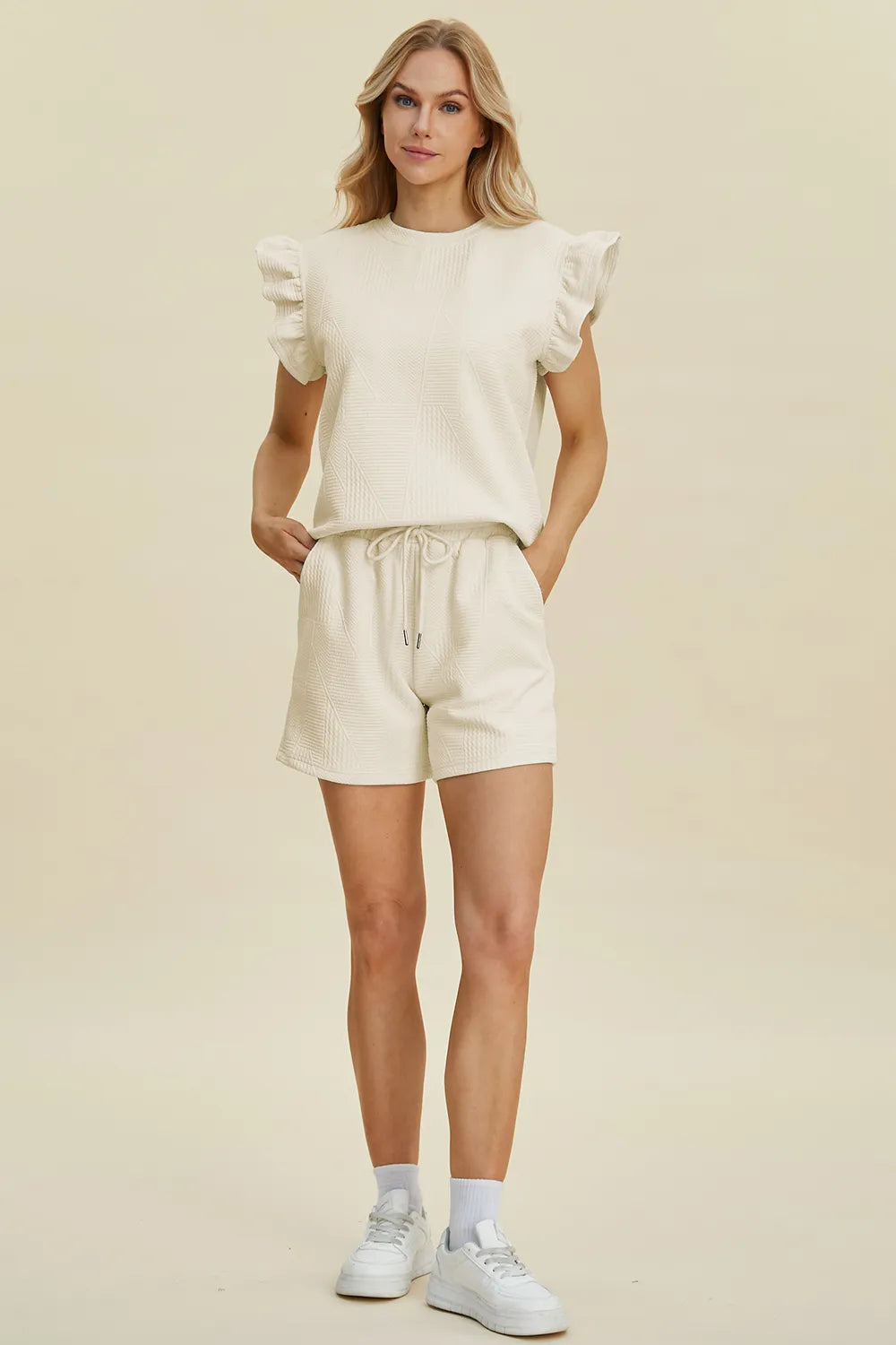 Plus Size Texture Round Neck Ruffle Sleeve Top and Shorts Set in Cream for Women