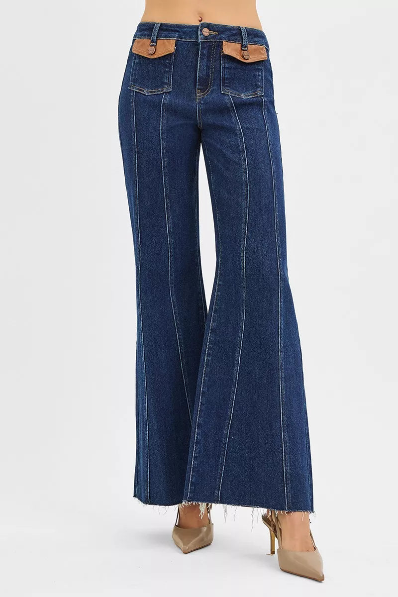 High Rise Wide Flare Jeans with Front Leather Pocket Detail in Dark for Women