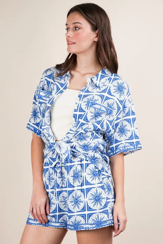 Tropical Printed Shirt Top and Shorts Set Plus Size in Blue for Women
