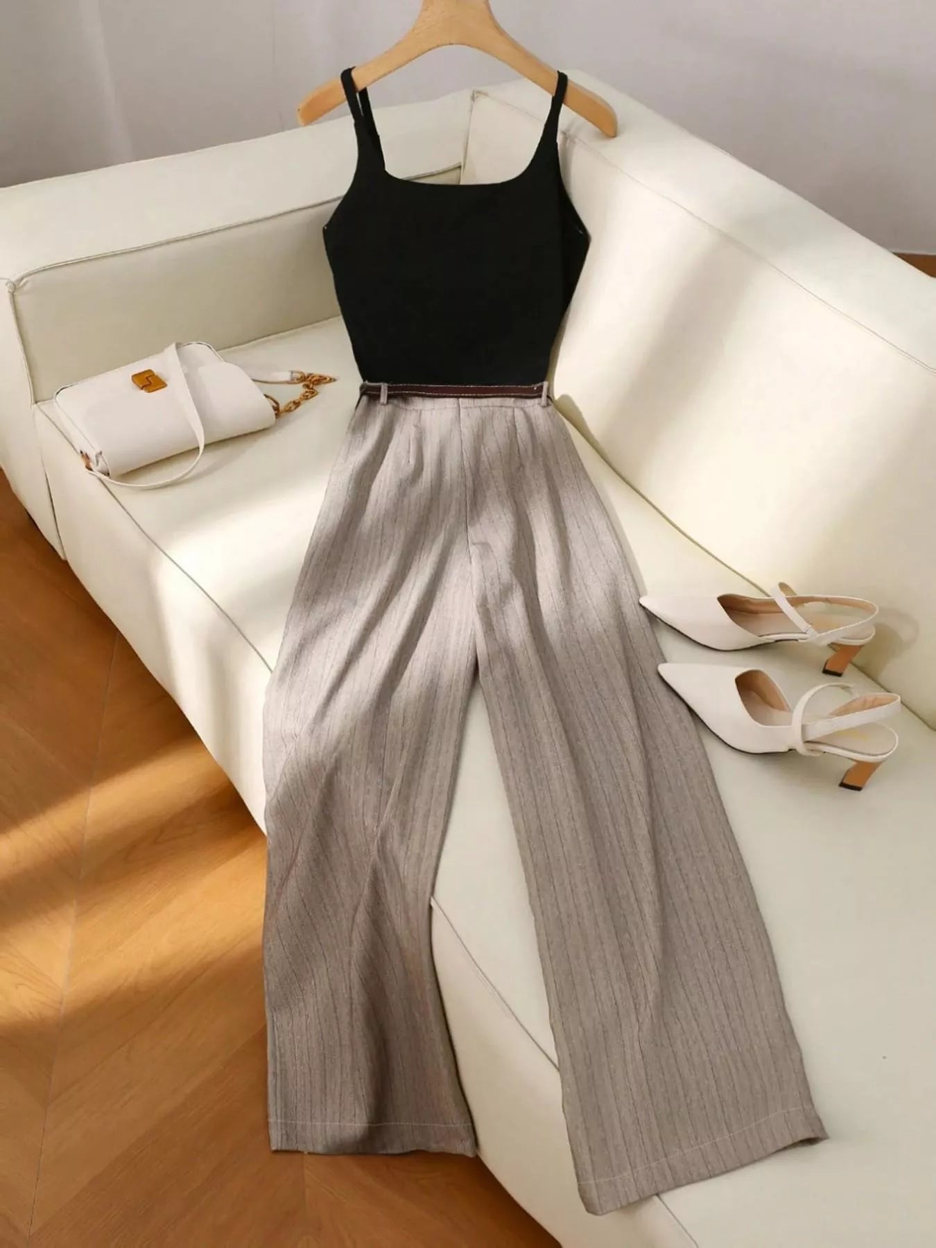 Sleeveless Top and Wide Leg Pants Set in Camel for Women