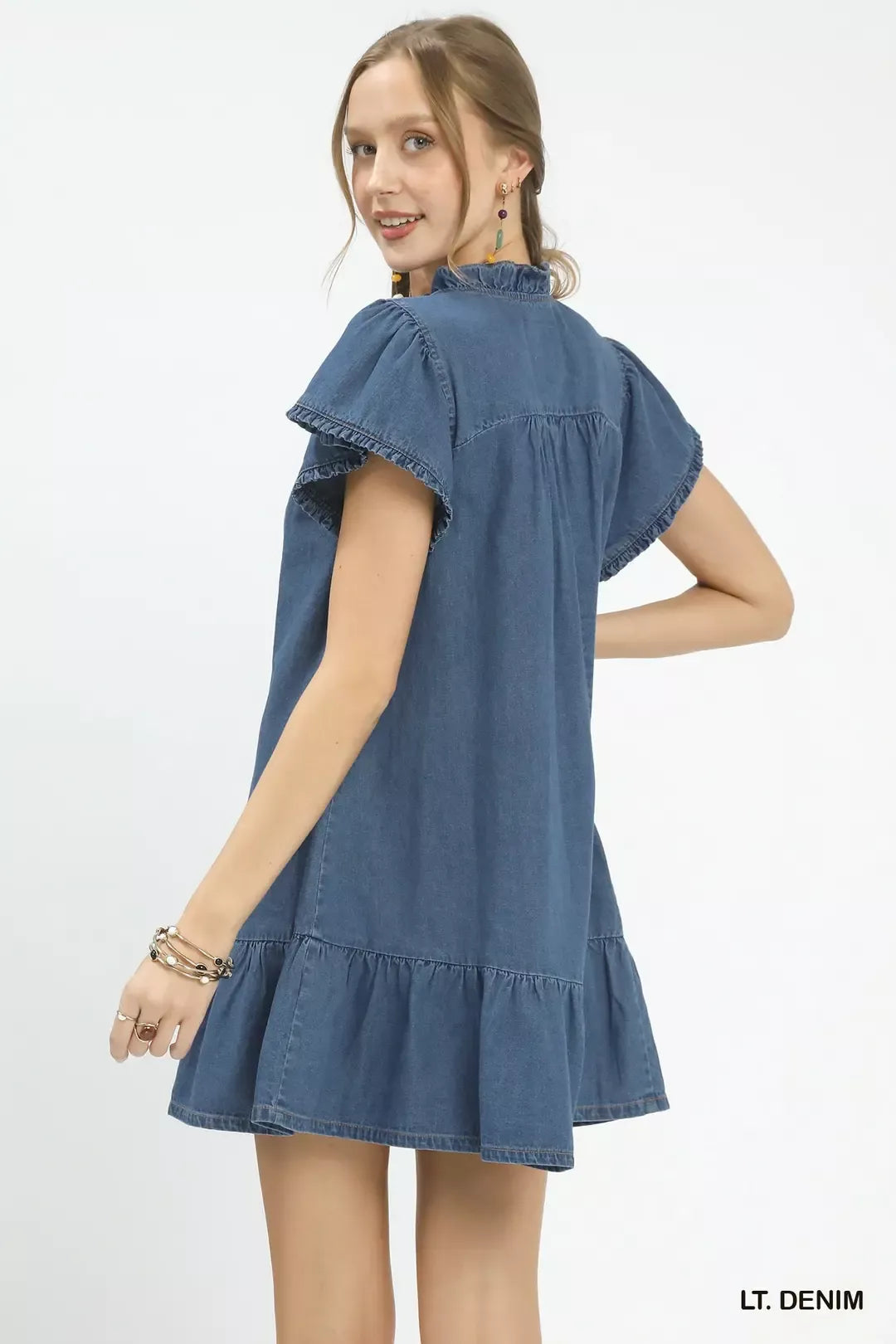 Ruffled Washed Denim Dress in Light Denim for Women