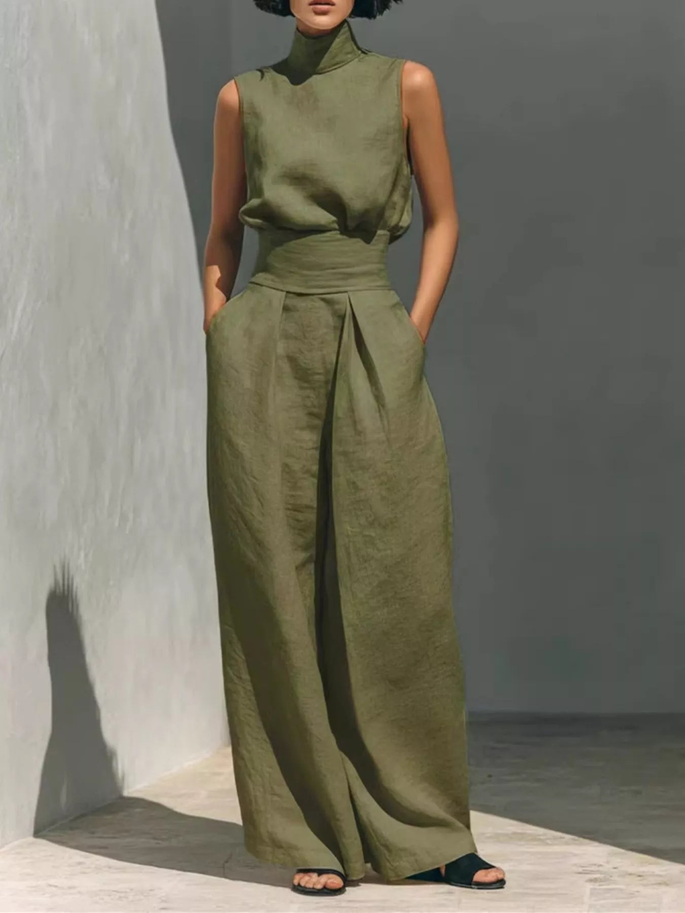 Turtleneck Sleeveless Top and Wide Leg Pants Set in Apricot for Women