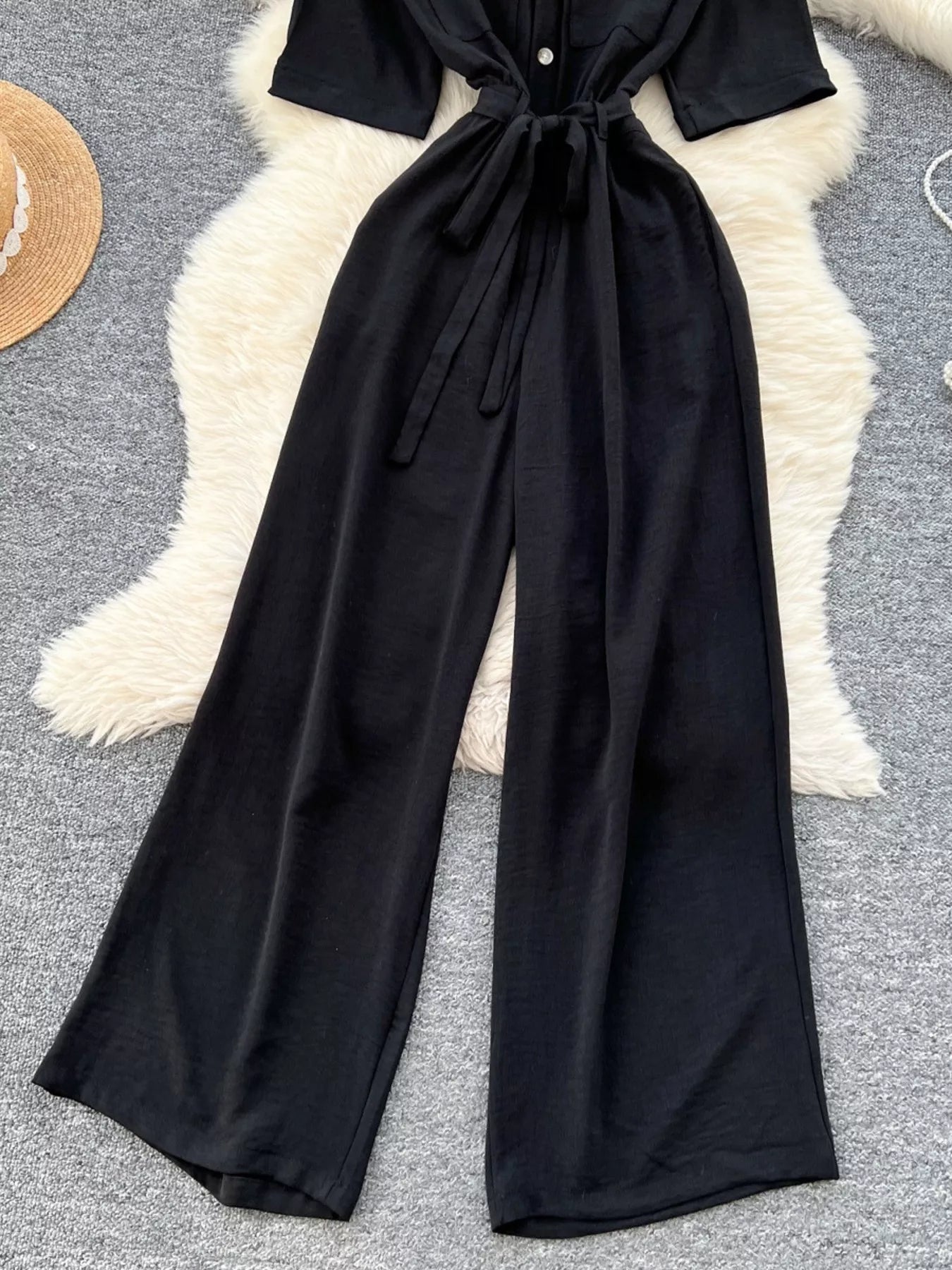 Pink Tie Waist Wide Leg Jumpsuit in Green for Women
