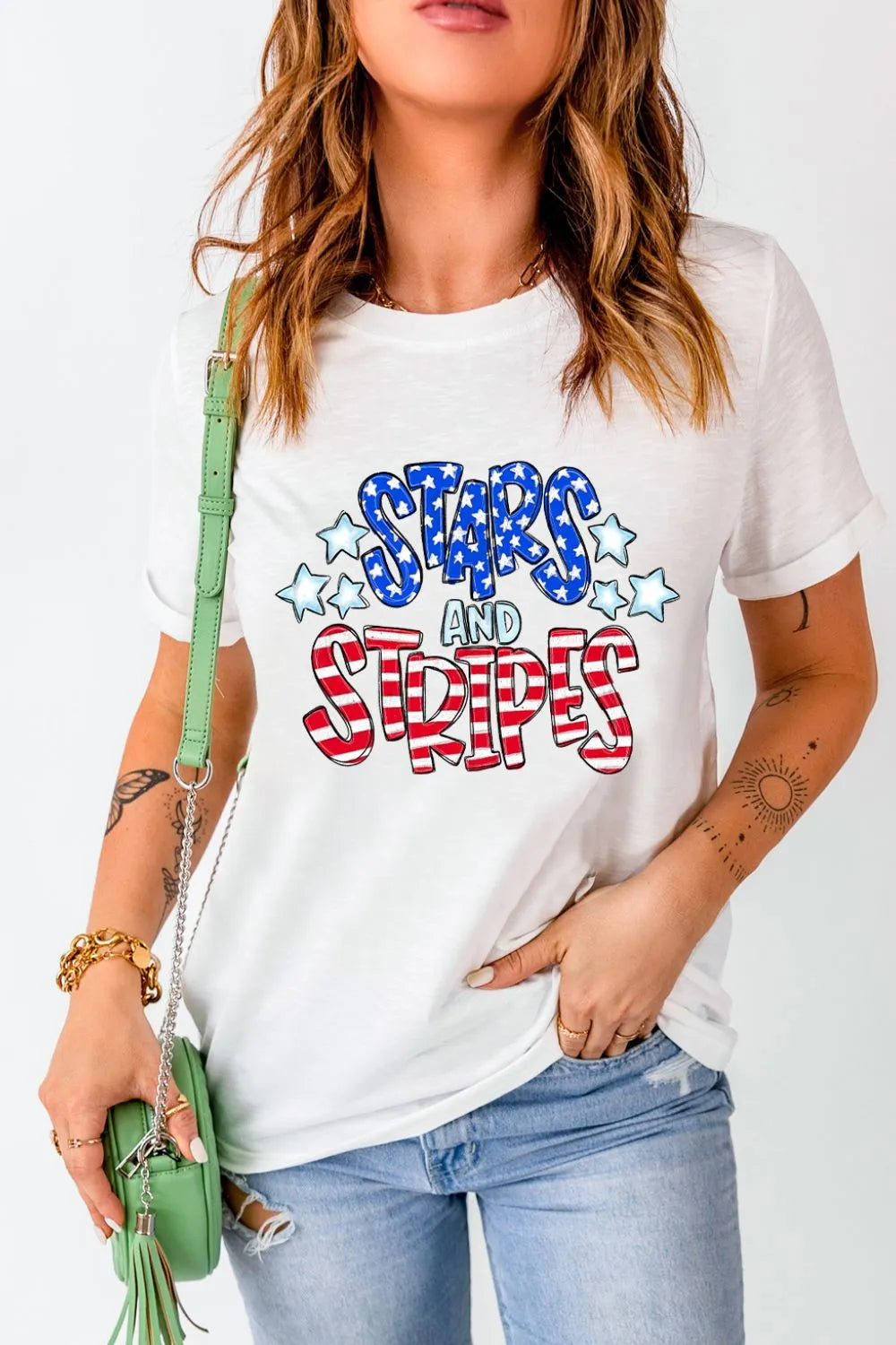 Stars and Stripes Round Neck Short Sleeve T-Shirt in White for Women