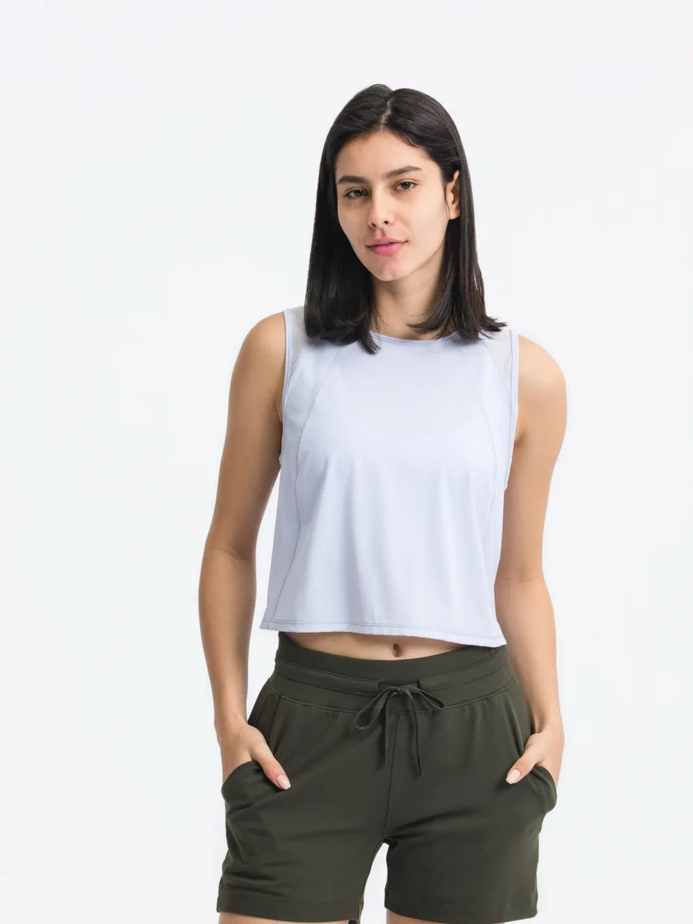 Round Neck Cropped Active Tank in Baby Blue for Women