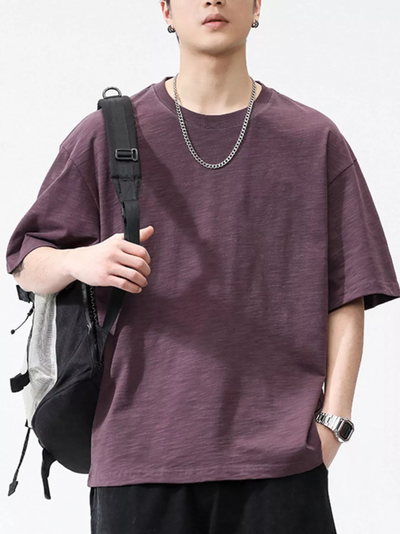 Plus Size Round Neck Half Sleeve T-Shirt in White in Khaki for Men