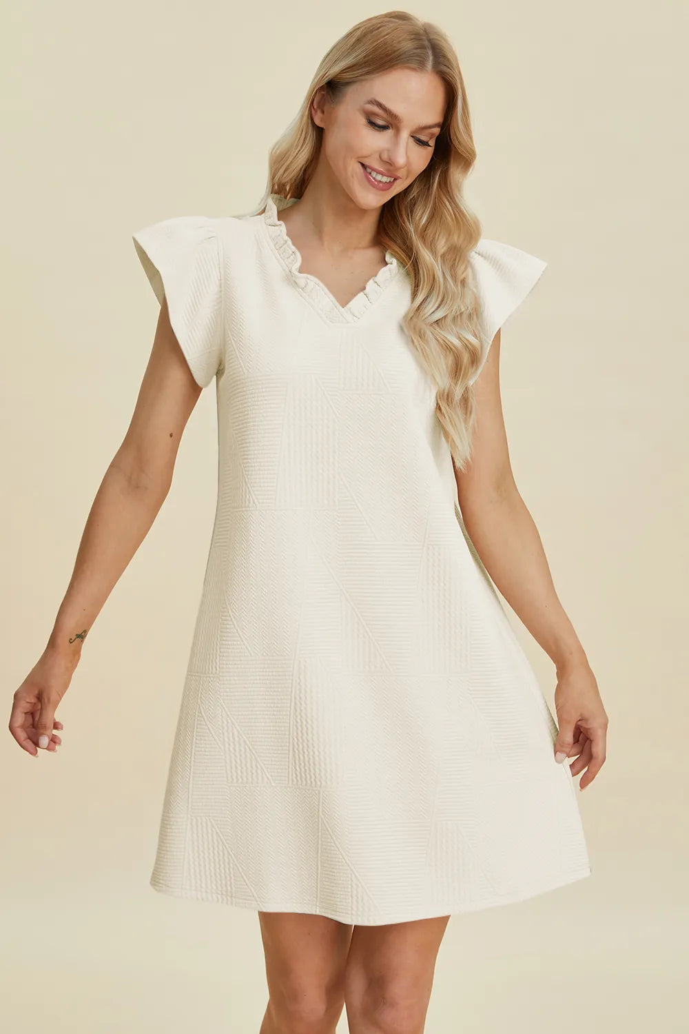 Plus Size Ruffled V-Neck Cap Sleeve Dress in Cream for Women