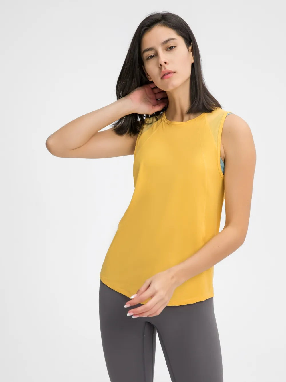 Cutout Back Round Neck Active Tank in Yellow for Women