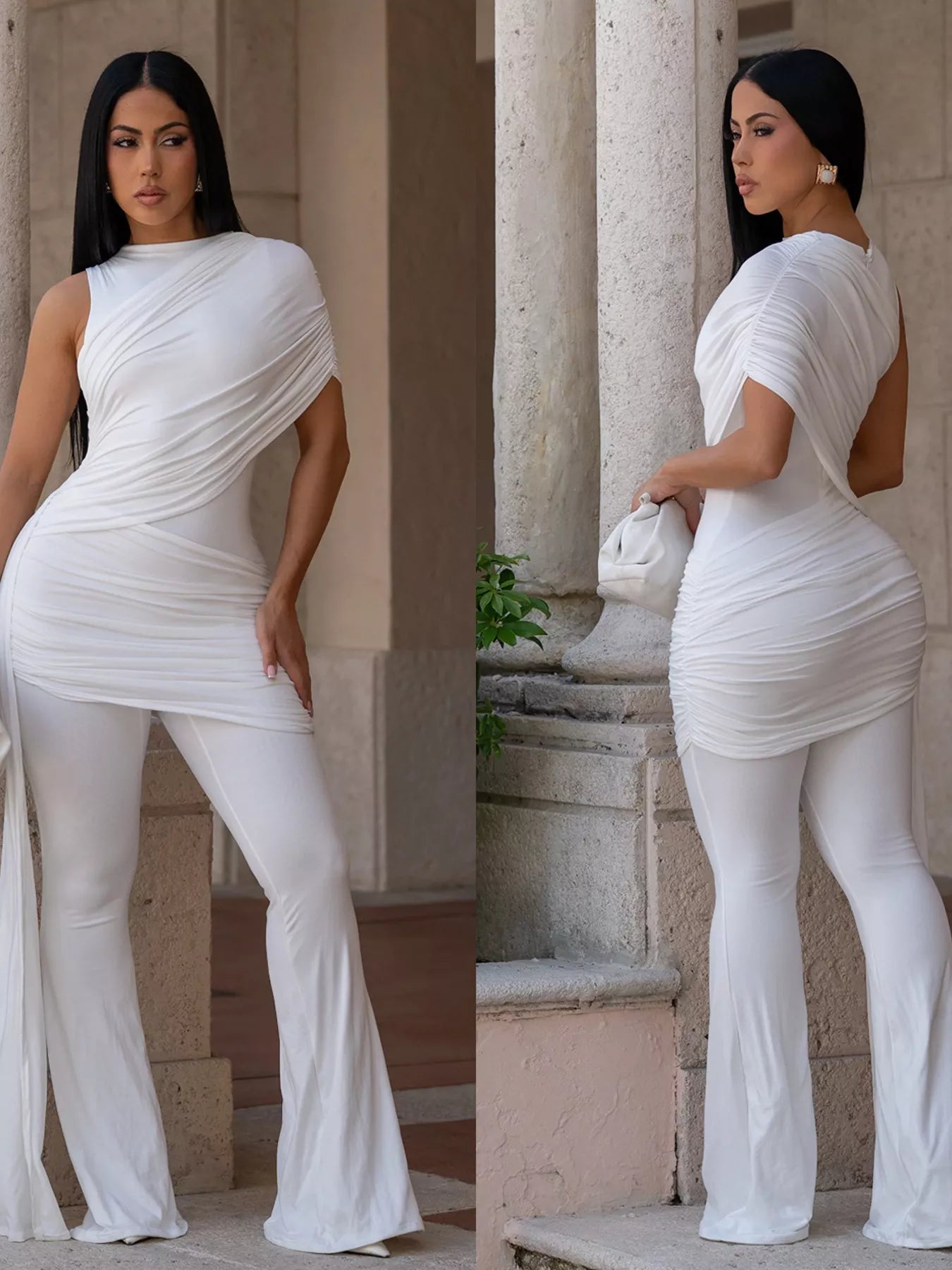 Ruched One-Shoulder Flare Leg Jumpsuit in White for Women