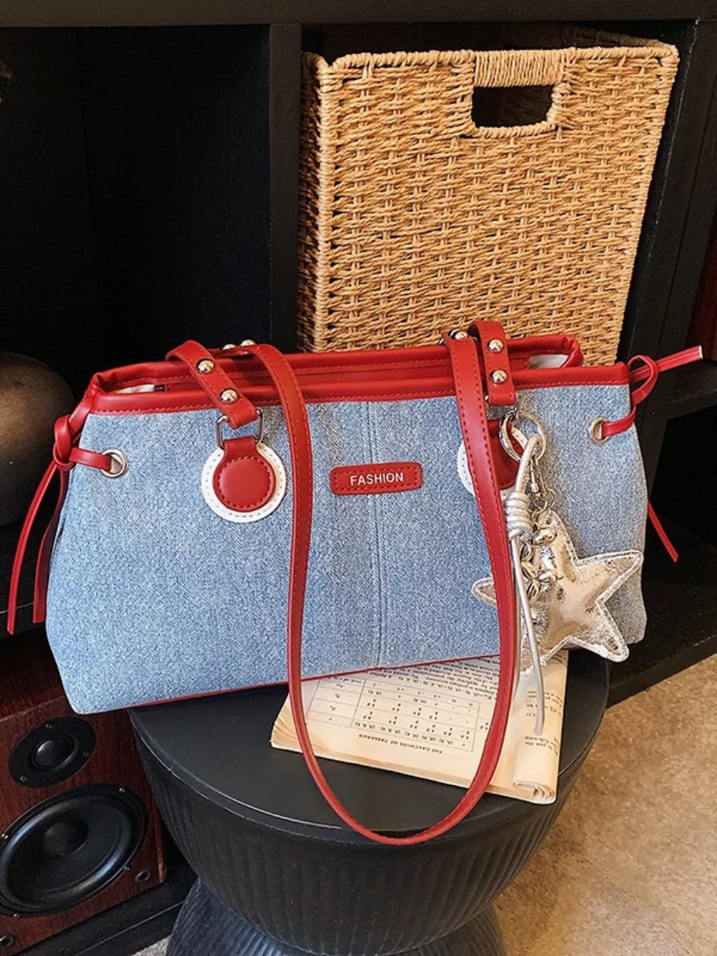 Denim Shoulder Bag with Star Charm for Women