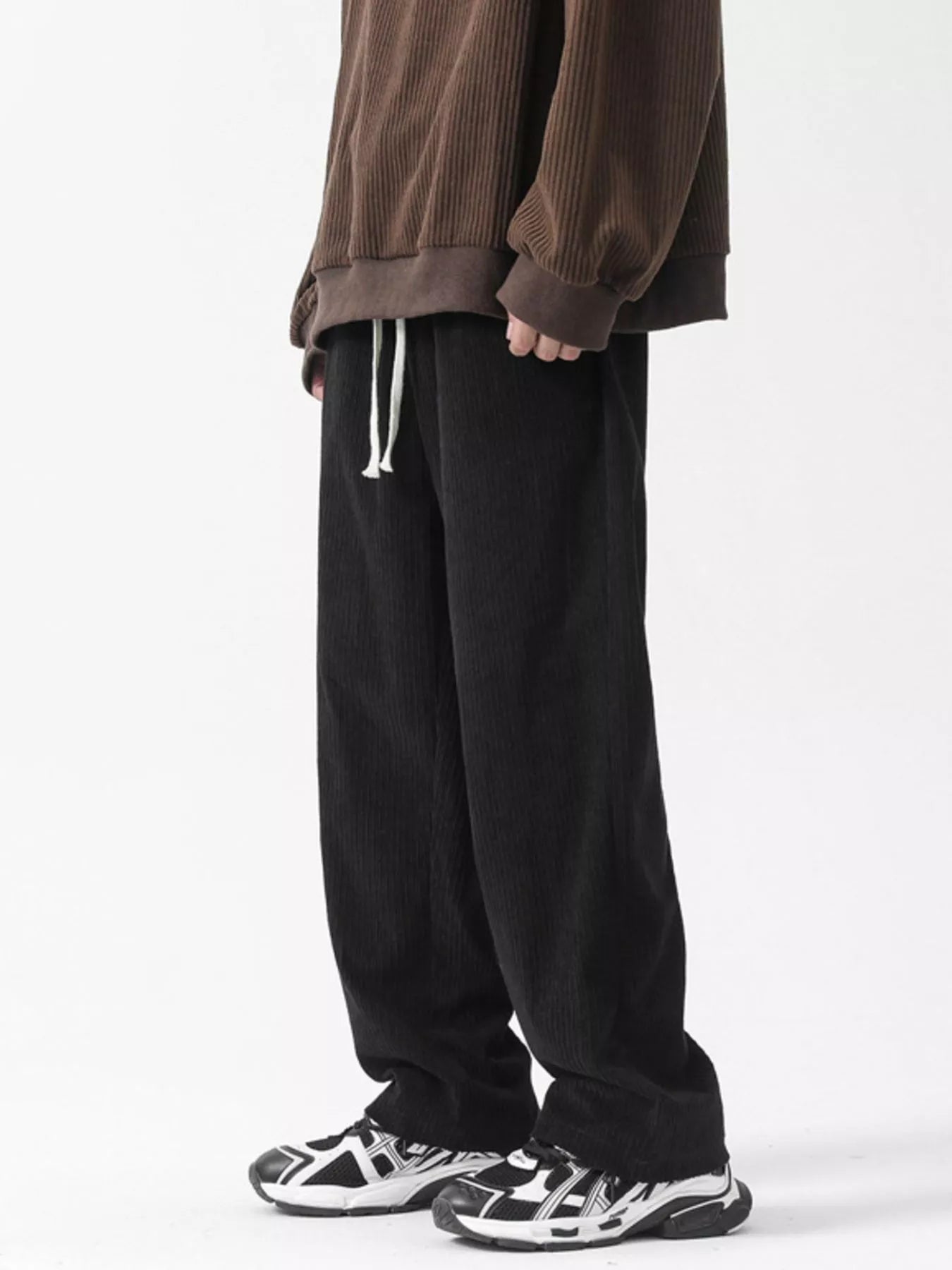 Drawstring Wide Leg Corduroy Pants Plus Size in Black for Men