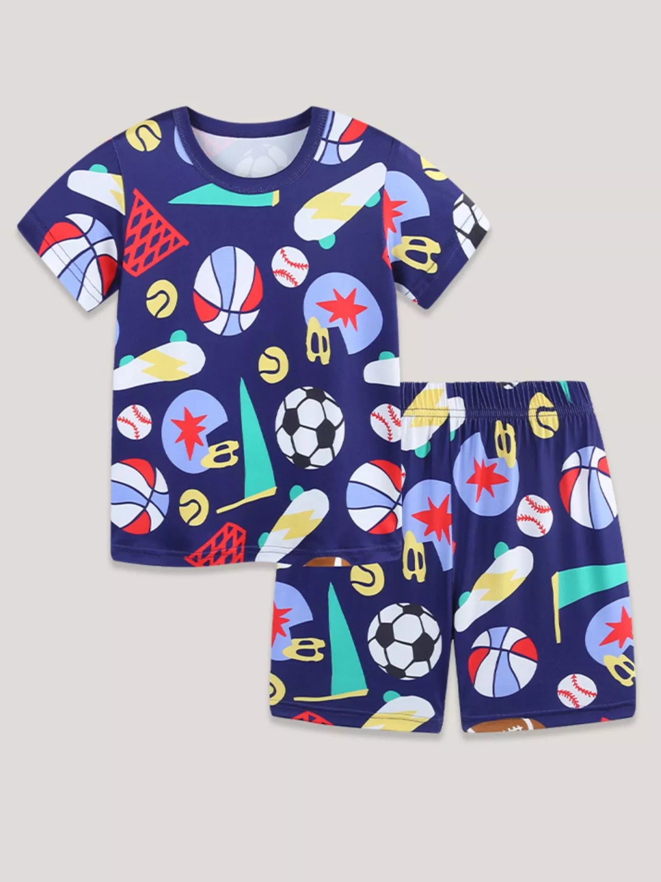 Sporty Print Round Neck Tee and Shorts Set in Multicolor for Boys