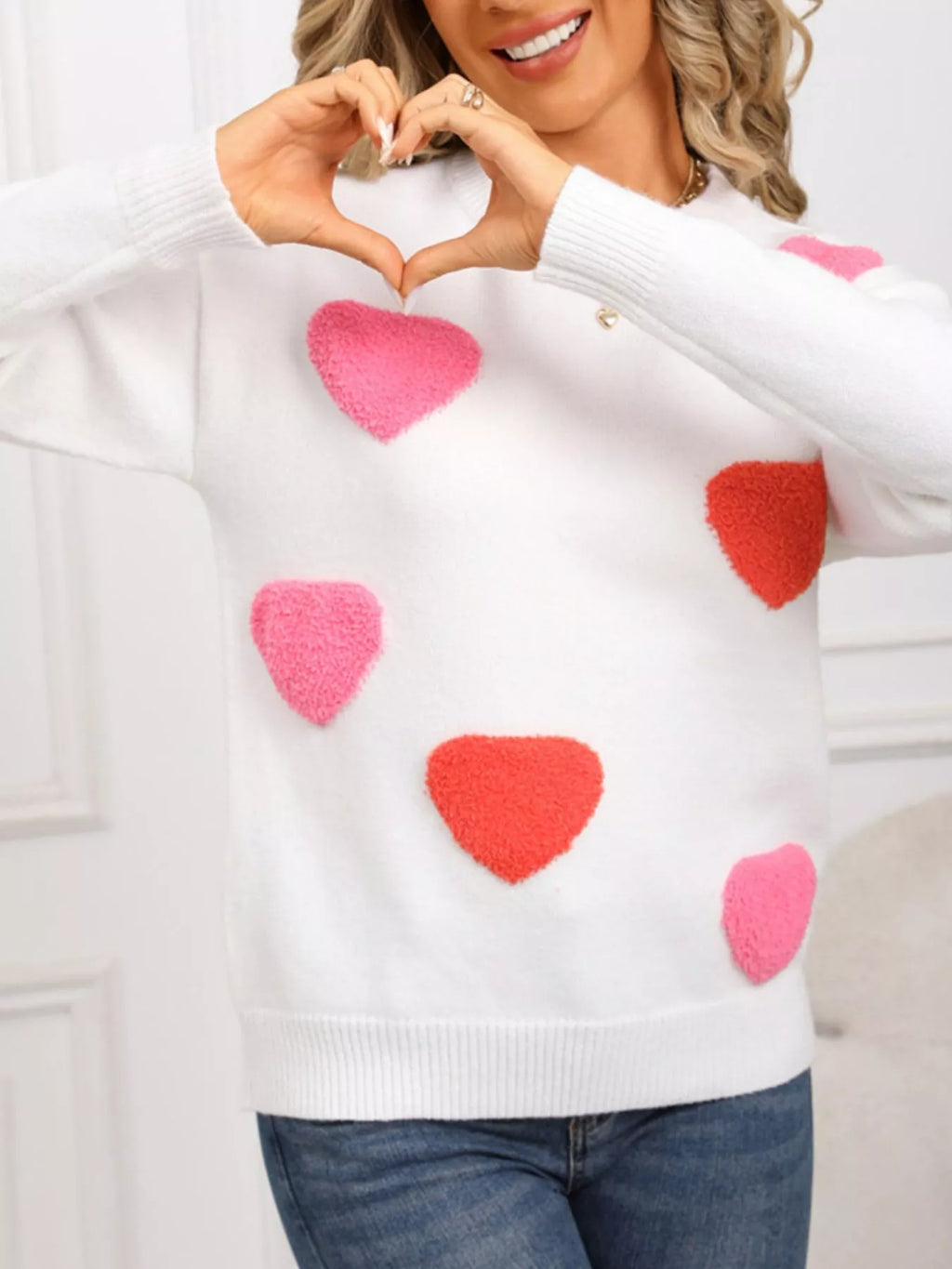 Valentines Day Heart Pattern Long Sleeve Sweater for Women