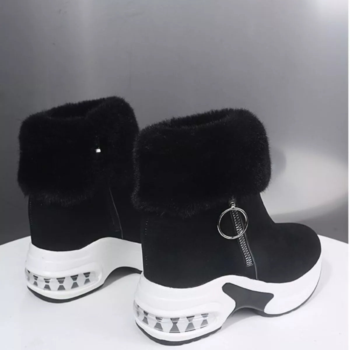 Fuzzy Side Zipper Platform Ankle Boots in Black for Women