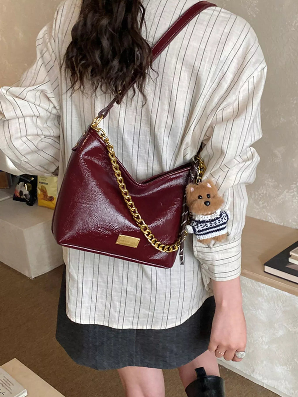 Chain Decor Shoulder Bag with Bear Charm for Women