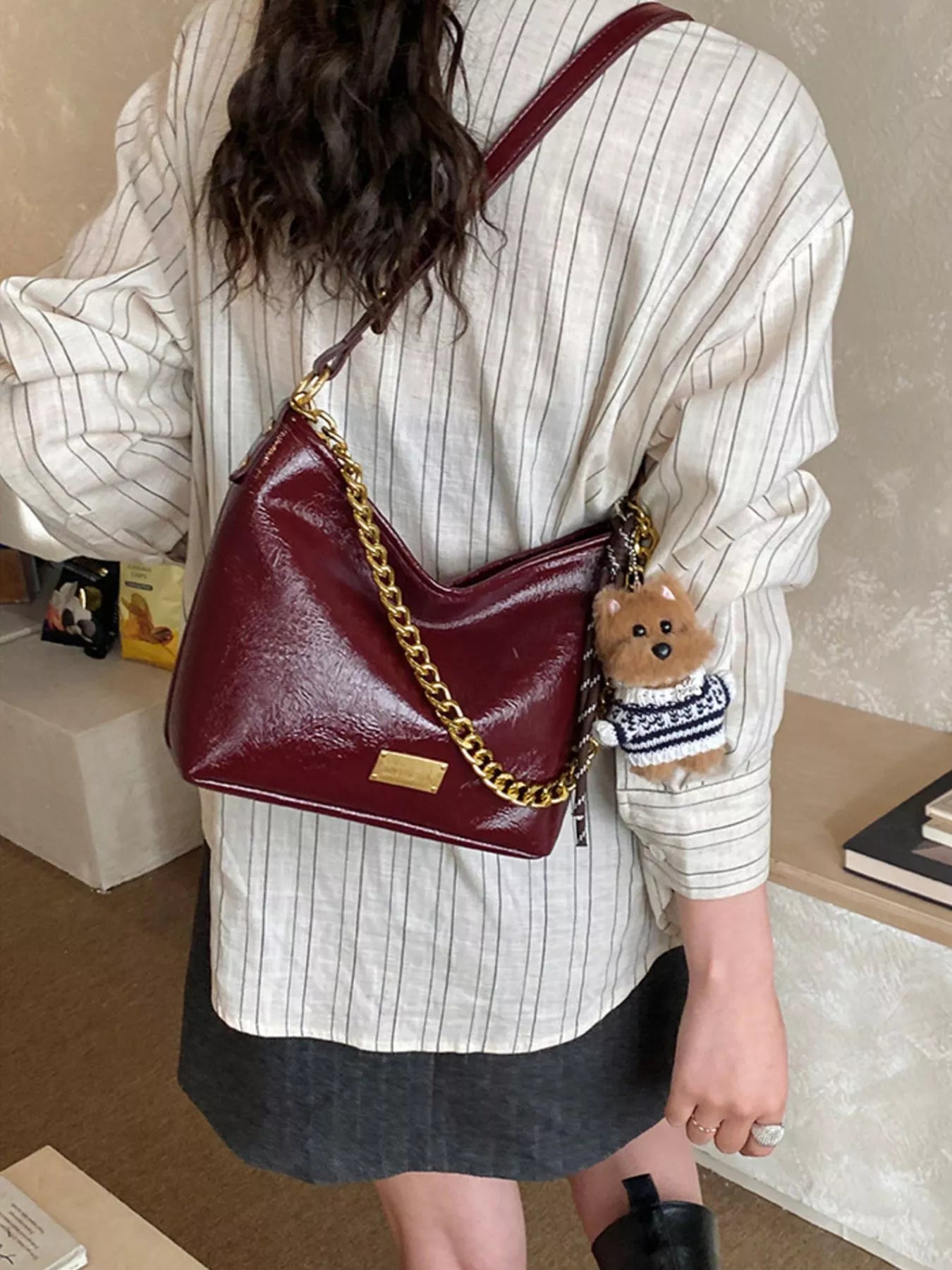 Chain Decor Shoulder Bag with Bear Charm for Women