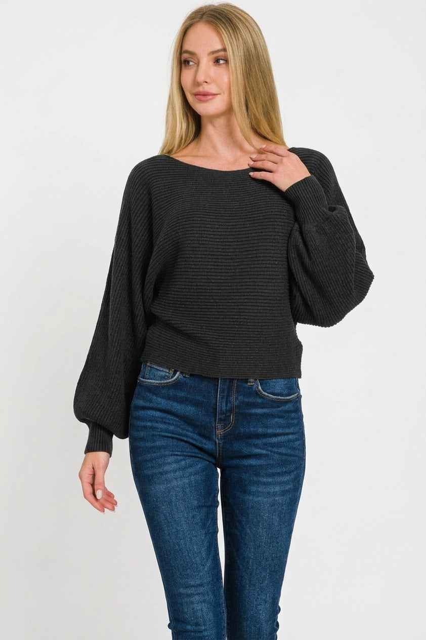 Boat Neck Balloon Sleeve Sweater in Black for Women