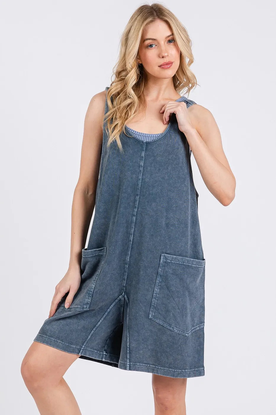 Low Scoop Neck Tank Washed French Terry Romper in Navy for Women