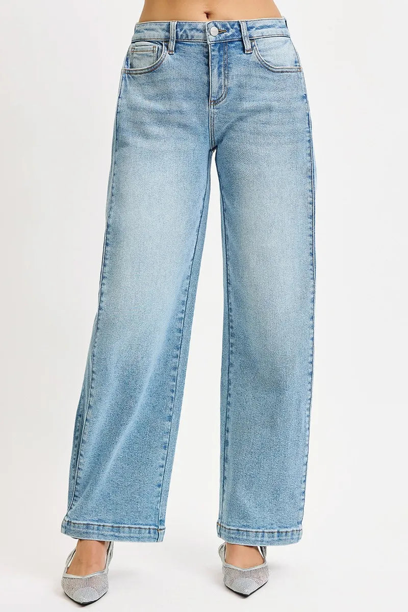 Mid Rise Wide Barrel Transferable Leg Snap Jeans in Medium for Women